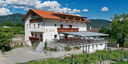 Pensionen - Frühstück: warmes Frühstück - Trentino-Südtirol - Außenansicht unseres Gasthofes mit Sonnenterrasse - Gasthof Falger